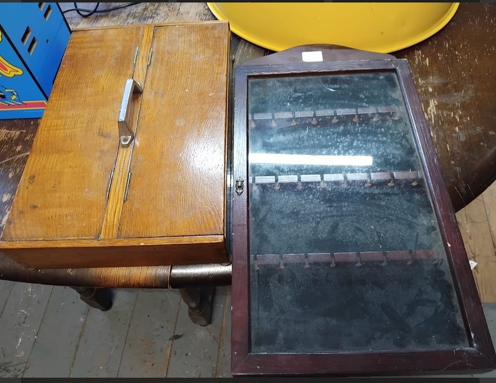 Lot 189 – Two Vintage Wooden Storage and Display Items comprising a Bi-Fold Chest and a Spoon Rack Cabinet