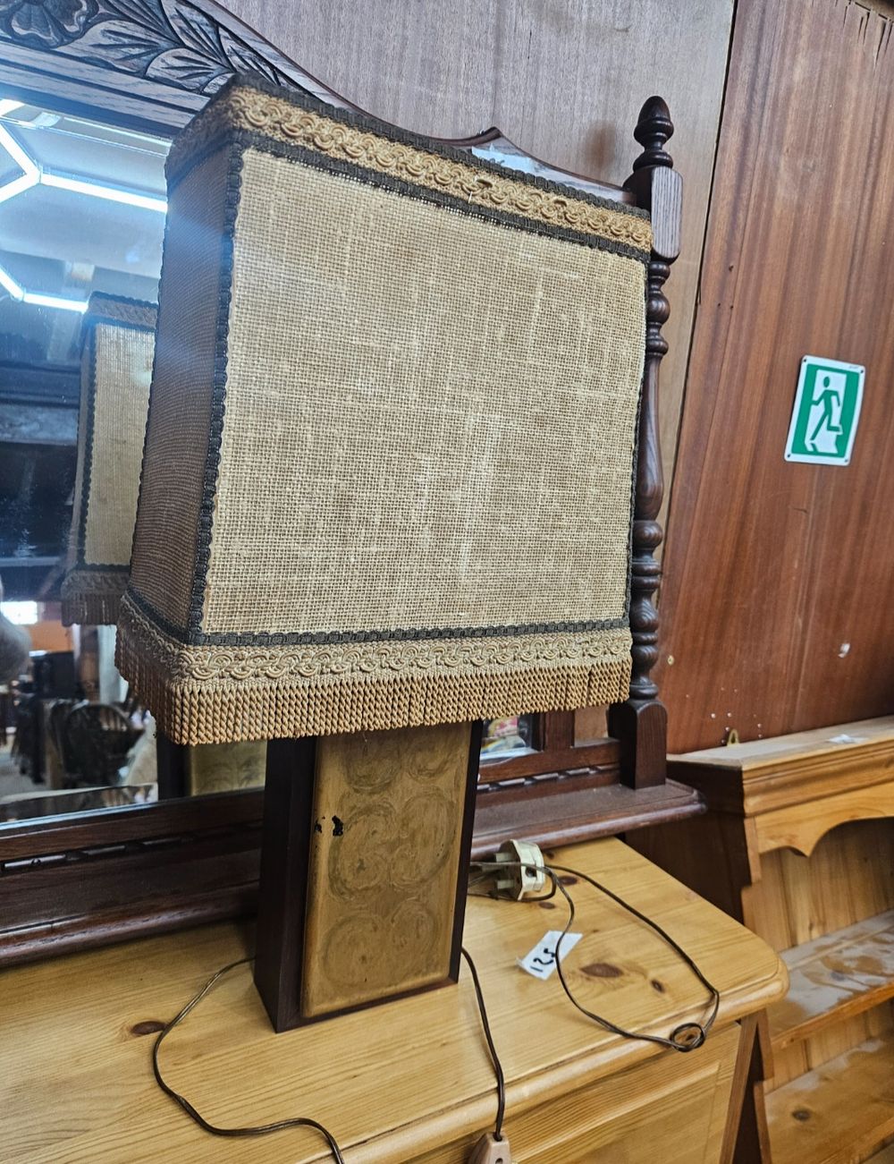 Lot 191 – Mid-Century Modern Style Wood and Resin Table Lamp with Fringed Burlap Shade