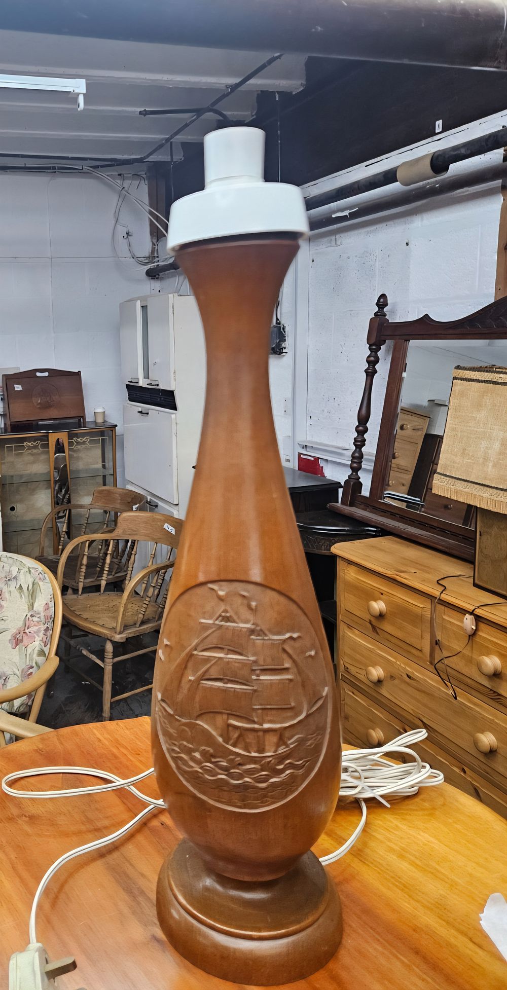Lot 192 – A Mid-Century Carved Hardwood Table Lamp with Nautical Ship Motif