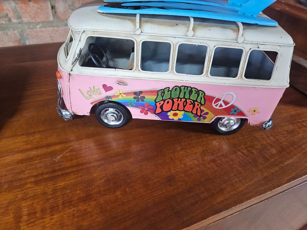 Lot 197 – Decorative Tinplate Volkswagen T1 Split-Screen Camper Van Model in Pink Flower Power Livery