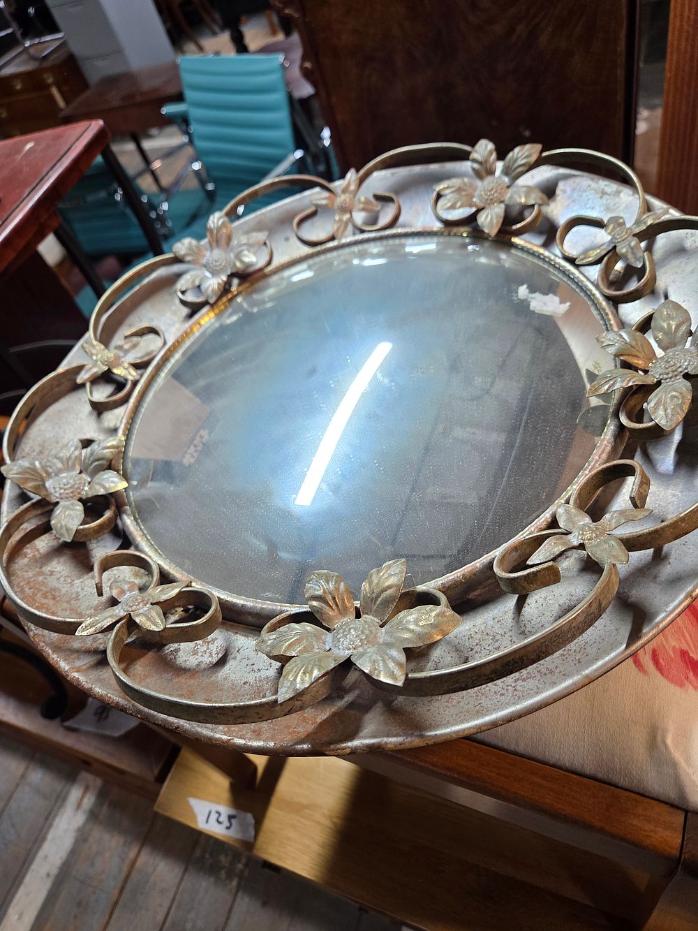 Lot 181 – Mid-Century Metal Convex Wall Mirror with Floral Decoration