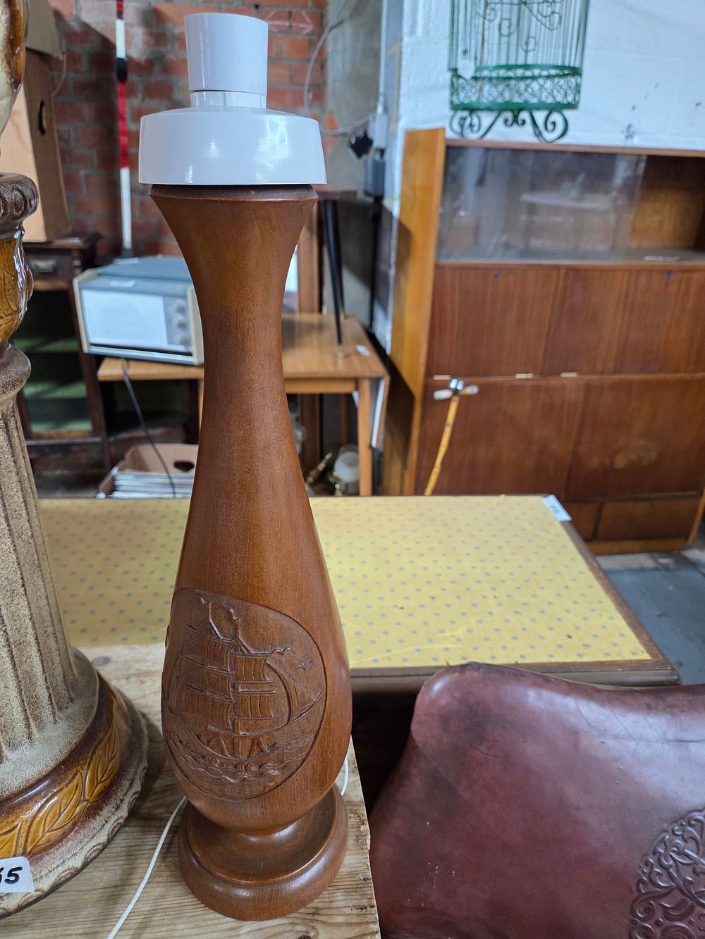 Lot 197 – Vintage Turned Wood Table Lamp with Carved Ship not tested