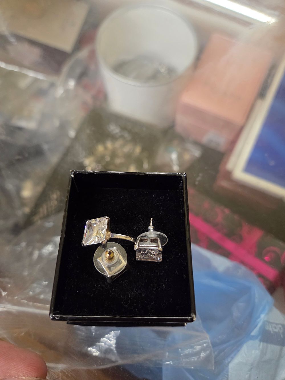 Lot 308 – A Pair of Silver Princess Cut Stud Earrings and ring