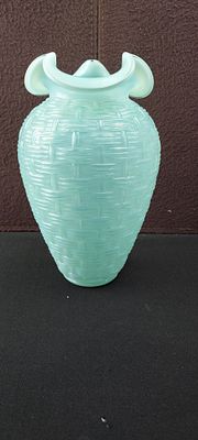 Circa 1960s Fenton Blue Green Opalescent Basketweave Ruffled Vase. A vintage Fenton Art Glass 
