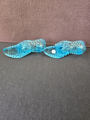 Vintage Fenton Art Glass Blue Opalescent Hobnail Cat Head Slipper Shoes, A Pair. A pair of 