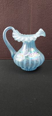 1997 Fenton Art Glass Misty Blue Iridescent Pitcher, Hand-Painted Irises, Signed By D. Anderson. 