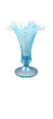 Fenton Art Glass Blue Opalescent Iridescent Daffodil Footed Ruffled Vase. This Fenton Art Glass 