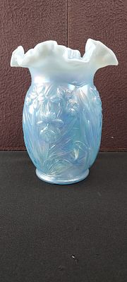 1997 Fenton Misty Blue Opalescent Daffodil Vase. A Fenton 1997 Misty Blue Opalescent Daffodil 