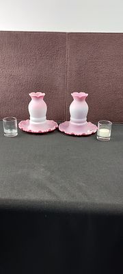 Pair of Fenton Art Glass Burmese Fairy Lamp Candle Holders (FAGCA RV17). A matching pair of 