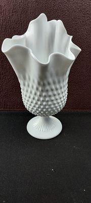 Fenton Milk Glass Hobnail #3755 Ruffled Rim Swung Vase. A vintage Fenton Milk Glass Hobnail 