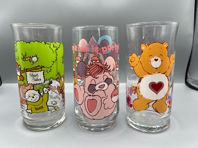 Lot of (3) 1980s Limited Edition Drinking Glasses - Shirt Tales, Popples, & Care Bears