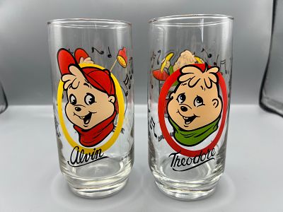 Lot of (2) 1985 Alvin And The Chipmunks Drinking Glasses - Alvin & Theodore