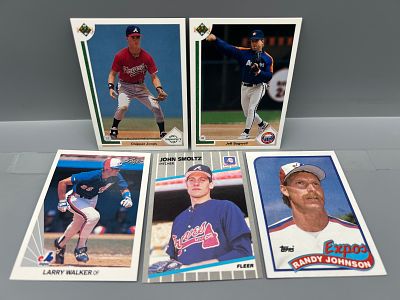 Lot of (5) 1989-91 Baseball Hall of Fame Rookie Cards - Chipper Jones, Randy Johnson, John 