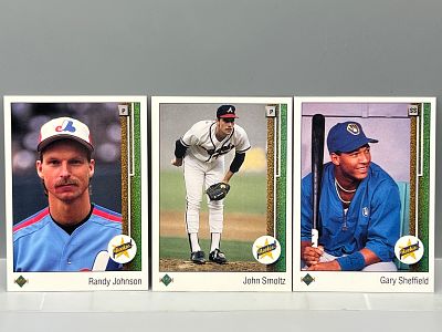 1989 Upper Deck Randy Johnson RC #25, John Smoltz RC #17, & Gary Sheffield RC #13