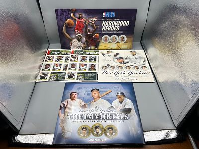 Lot of Multi-Sport Collectibles - NY Yankees Albums with Medallions, NY Jets Sticker Sheets 