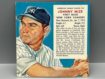 1953 Red Man #18 Johnny Mize (HOF) / Yankees - Hand Cut No Tab