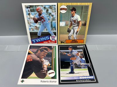 Lot of (4) 1985-92 Baseball Star Player Cards - Kirby Puckett RC, Will Clark RC, Roberto Alomar 
