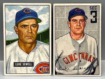 Luke Sewell 1951 Bowman #322 (Hi #) & 1952 Bowman #94 - Reds