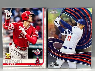 2019 Topps Opening Day Shohei Ohtani 2nd Year #100 & 2024 Topps Chrome Strokes Refractor #S-2