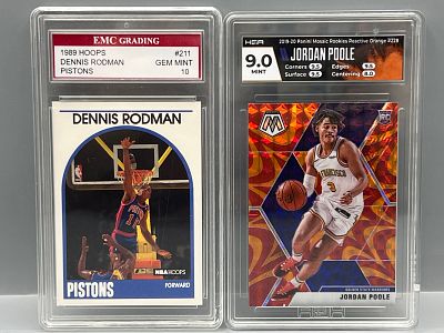1989 Hoops Dennis Rodman #211 Slabbed By EMC Grading & 2019-20 Panini Mosaic Jordan Poole 