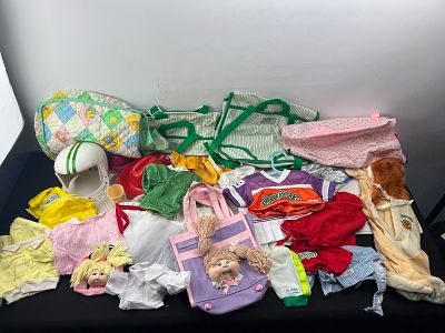 Lot of Vintage Cabbage Patch Kids Doll Clothing, Accessories, and Carrying Bags