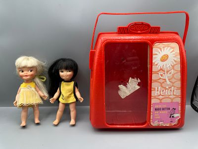 Two Vintage 1964 Remco Heidi Pocketbook Dolls with Carrying Case Style 3010