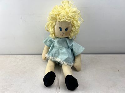 Vintage Precious Moments Cloth Rag Doll in Blue Polka Dot Dress
