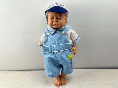 Vintage Just For Kids H.K.L Ltd Vinyl Baby Boy Doll in Blue Outfit 1986