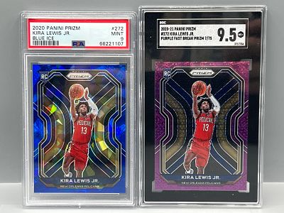 2020 Panini Prizm Kira Lewis Jr. Blue Ice RC #/125 PSA Mint 9 & Purple Fast Break RC #/75 SGC 