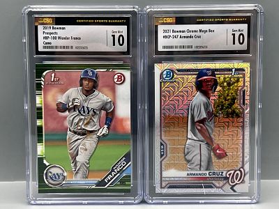 2019 Bowman Prospects Wander Franco Camo 1st Bowman RC #BP-100 CSG Gem Mint 10 & 2021 Bowman 