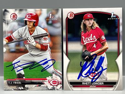 2017 Bowman Paper TJ Friedl 1st Bowman RC In Person Auto #BP71 & 2023 Bowman Draft Paper Rhett 