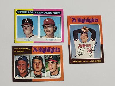 1975 Topps Baseball Nolan Ryan Trio. Includes #3 Strikeout Highlight, #7 No-Hitter Highlight 