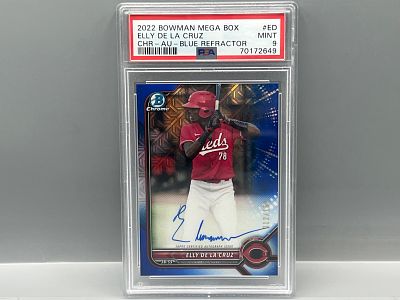 2022 Bowman Chrome Elly De La Cruz Prospect/RC Blue Mega Box Refractor Auto #/150 PSA Mint 9