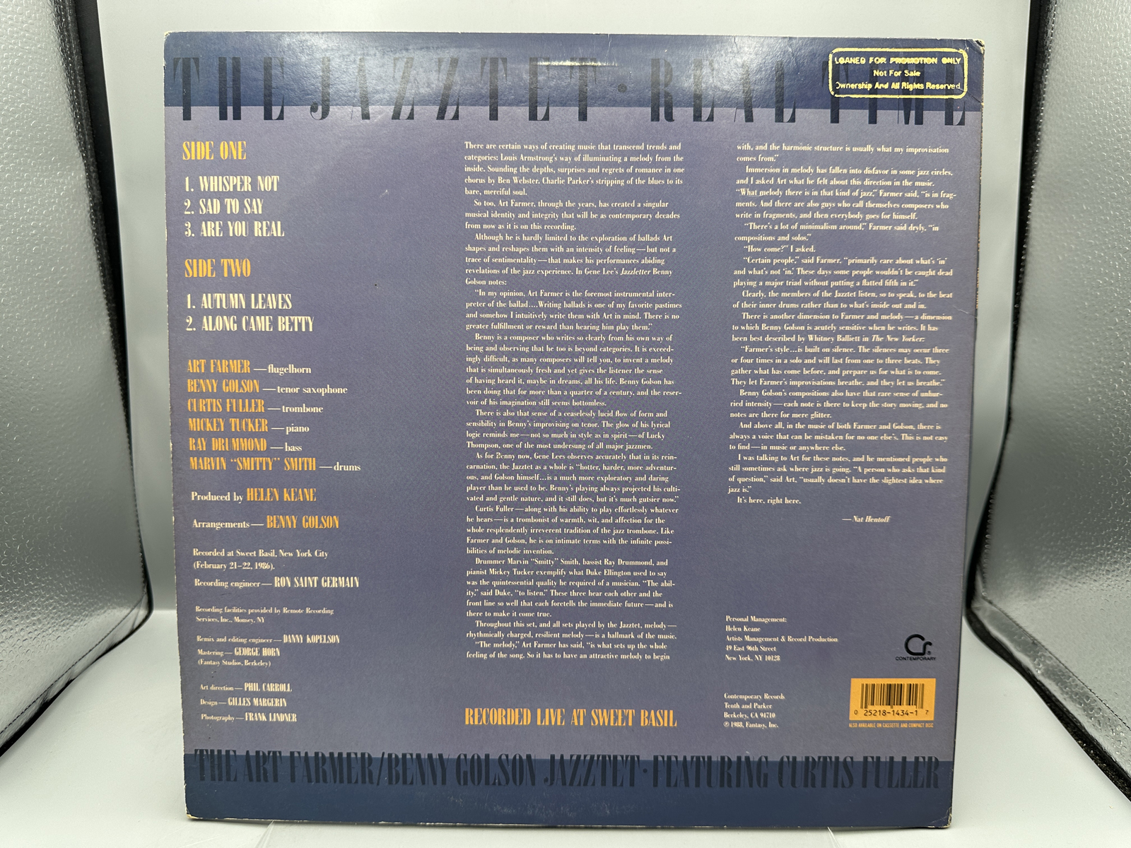 The Jazztet: Real Time (1988), promo stamp on back cover. The Jazztet includes Art Farmer and Benny Golson & features Curtis Fuller.