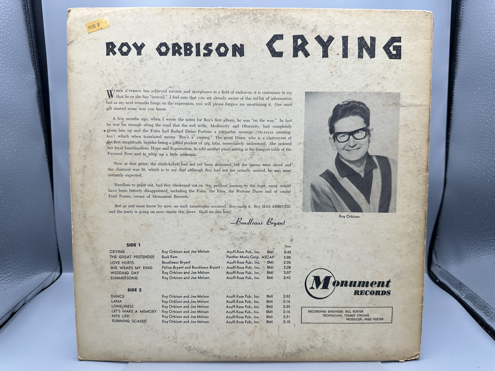 1962 Monument Records Roy Orbison Crying Vinyl Album - M 4007