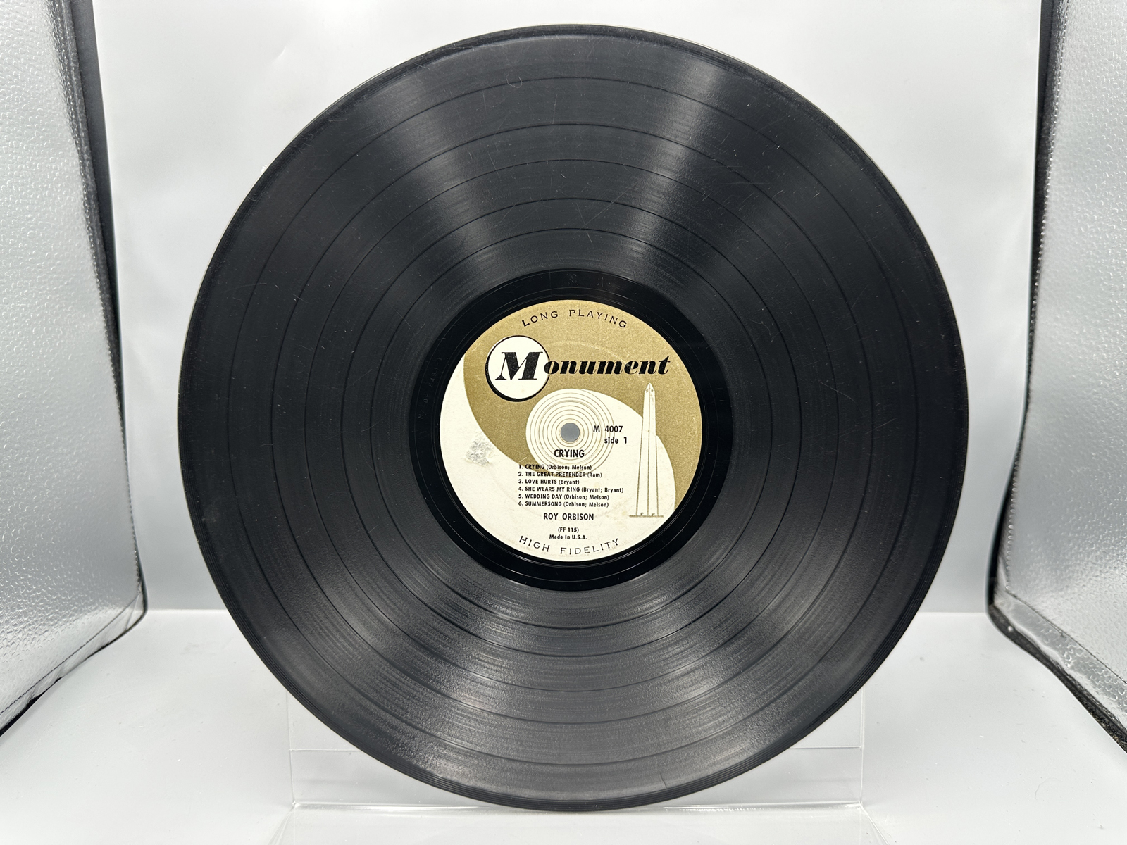 1962 Monument Records Roy Orbison Crying Vinyl Album - M 4007