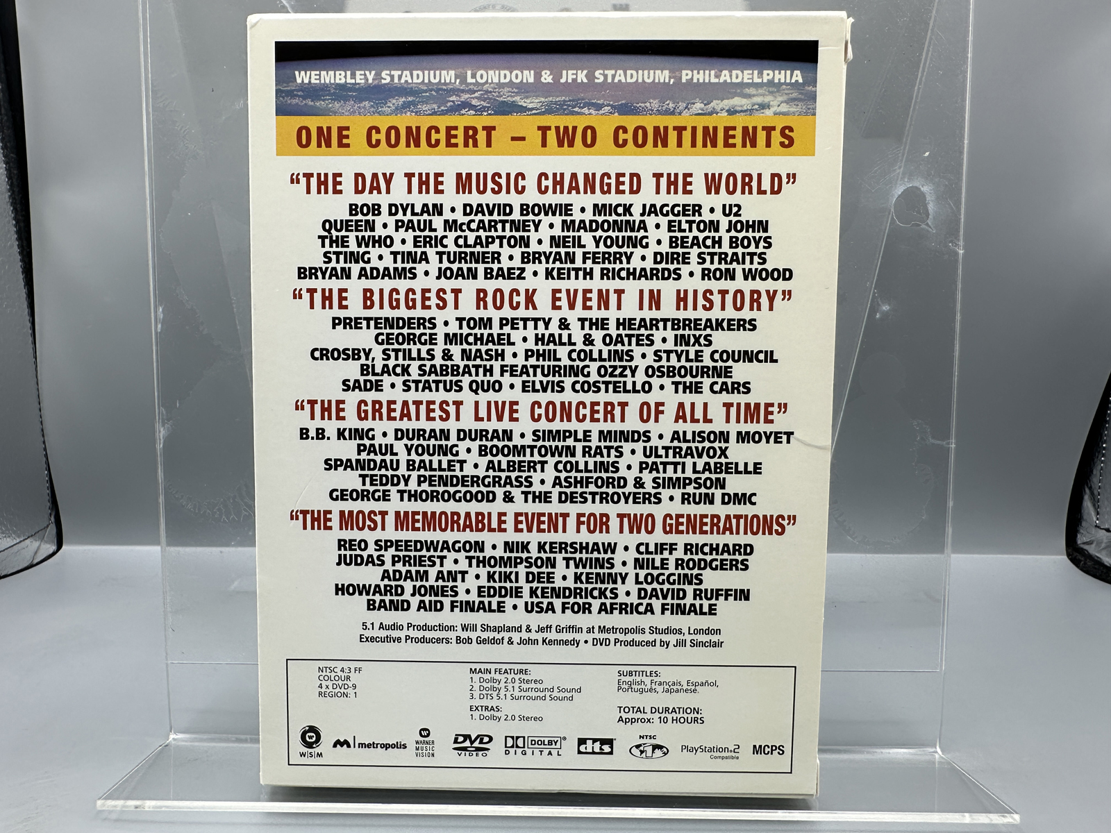 Live Aid: July 13, 1985 - The Day The Music Changed The World (2004), 4 DVD Box Set (DVD-Video, NTSC). Billed as One Concert - Two Continent