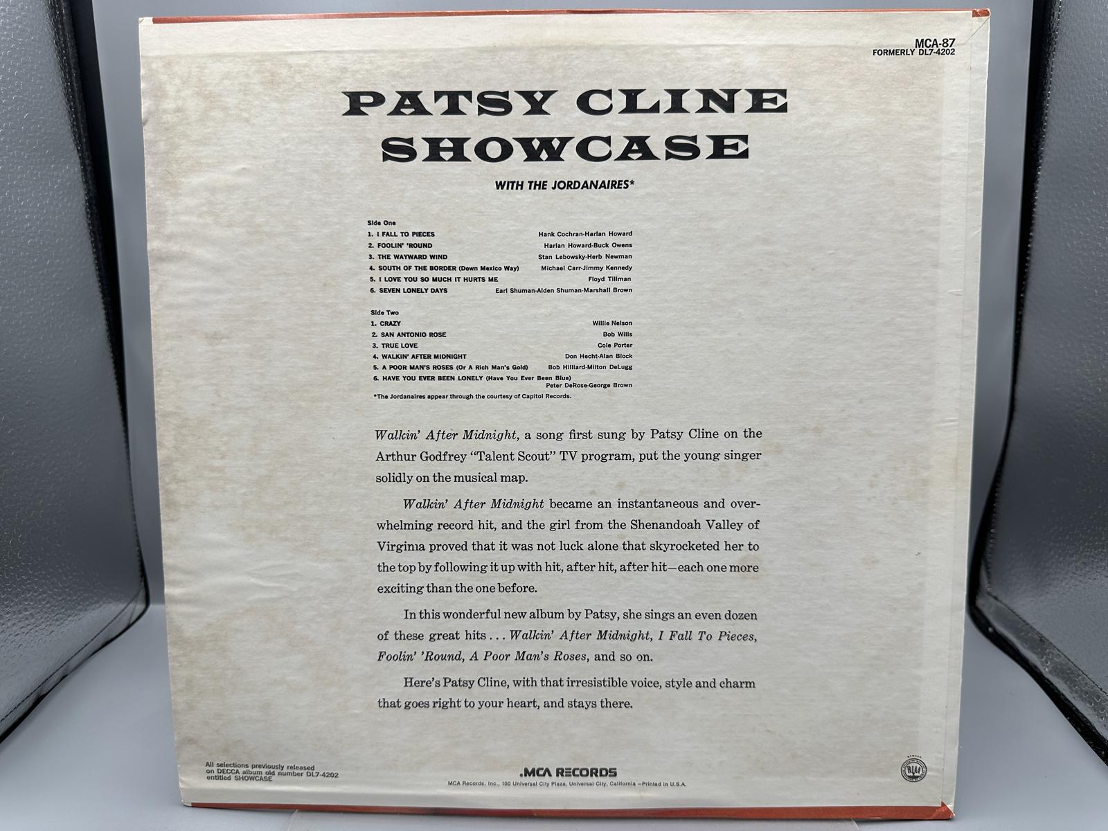 1980 MCA Records Patsy Cline Showcase With The Jordanaires Reissue Vinyl Album - MCA-87
