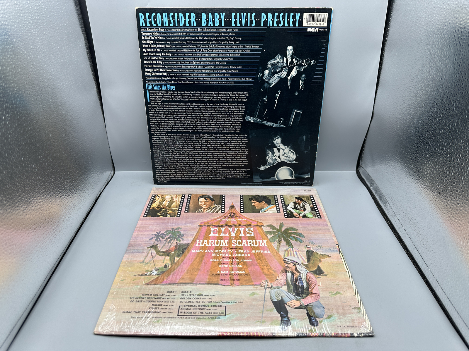Elvis Presley (2 LP Lot): Reconsider Baby (1985), 50th Anniversary label, blue vinyl; and Harum Scarum - Original Soundtrack Album (1977), r