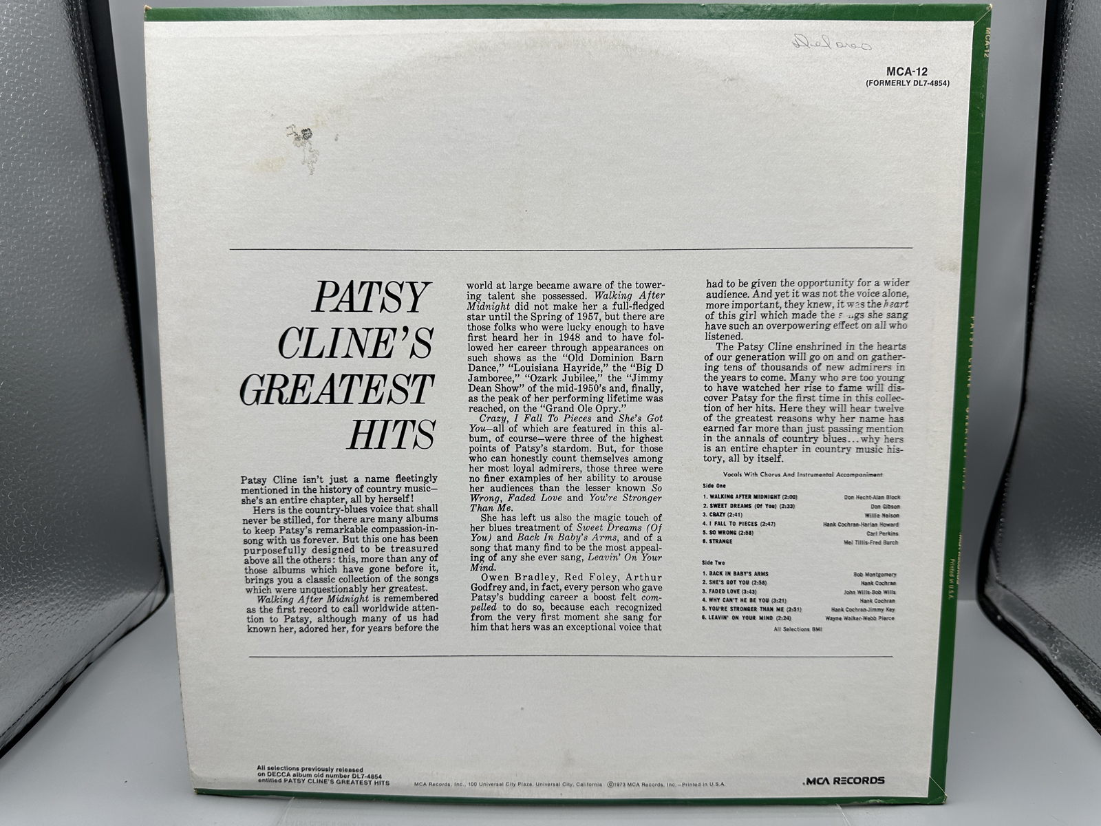 1980 MCA Records Patsy Cline Greatest Hits Reissue Vinyl Album - MCA-12