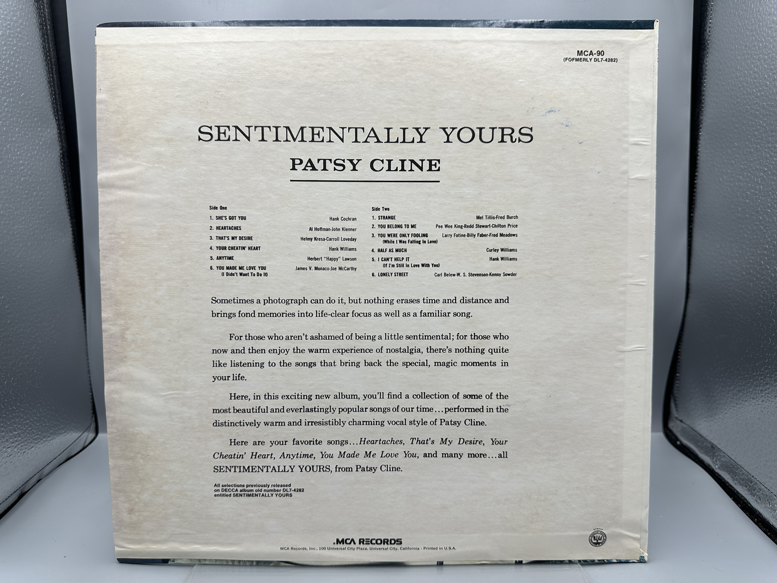 1980 MCA Records Patsy Cline Sentimentally Yours Reissue Vinyl Album - MCA-90