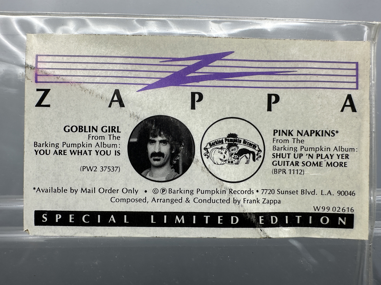 Frank Zappa - 12-inch 45 rpm Picture Disc: Goblin Girl/Pink Napkins (1981), in original clear polyvinyl envelope sleeve with hype sticker