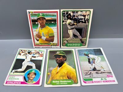 Lot of (5) 1980s Rickey Henderson Baseball Cards - Varying Conditions
