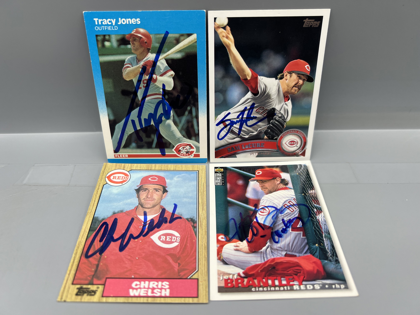 (4) Cincinnati Reds Baseball In Person Autographed Cards - Tracy Jones, Sam LeCure, Chris Welch, & Jeff Brantley - No COAs