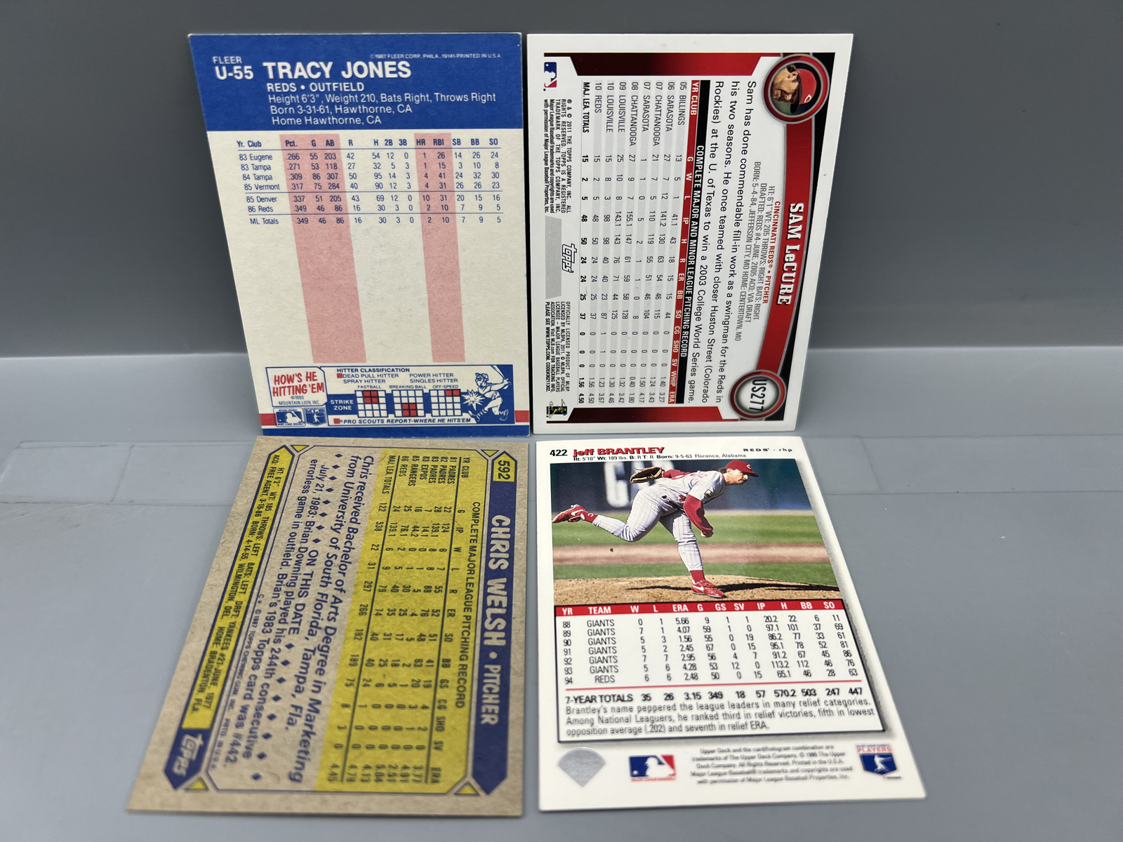 (4) Cincinnati Reds Baseball In Person Autographed Cards - Tracy Jones, Sam LeCure, Chris Welch, & Jeff Brantley - No COAs