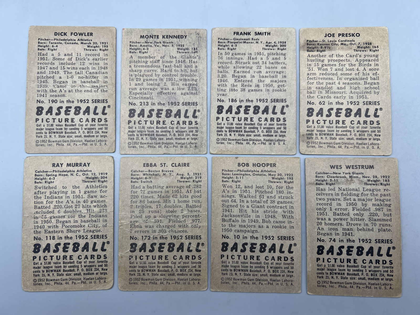 (8) 1952 Bowman Baseball Cards - Varying Conditions