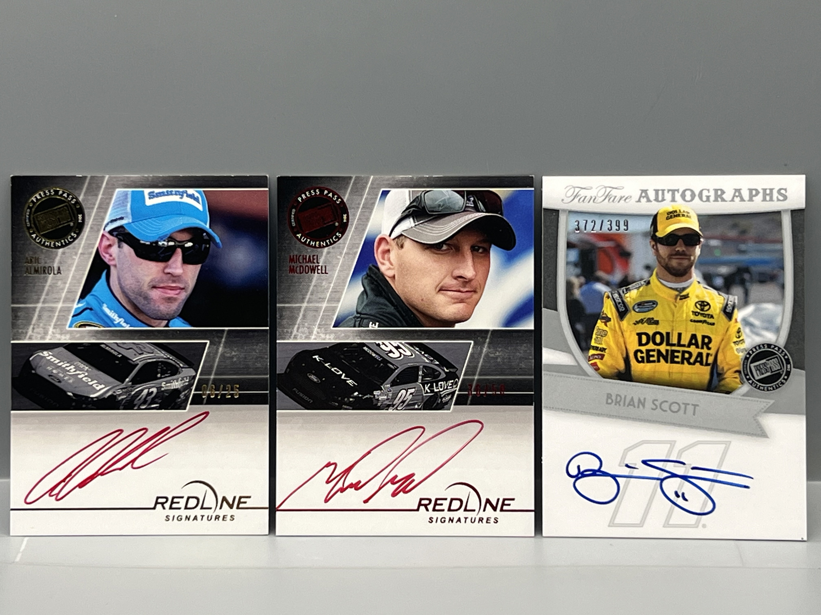 (3) Nascar Racing Pack Pulled Serial Numbered Auto Cards - Michael McDowell, Brian Scott, Aric Almirola