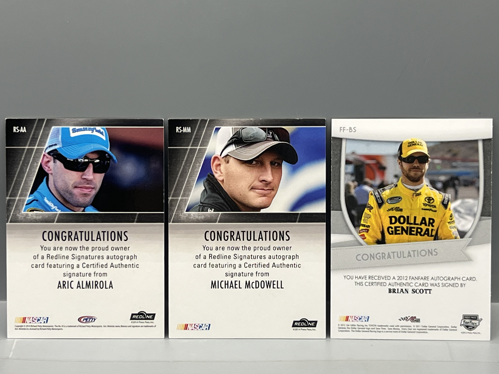 (3) Nascar Racing Pack Pulled Serial Numbered Auto Cards - Michael McDowell, Brian Scott, Aric Almirola