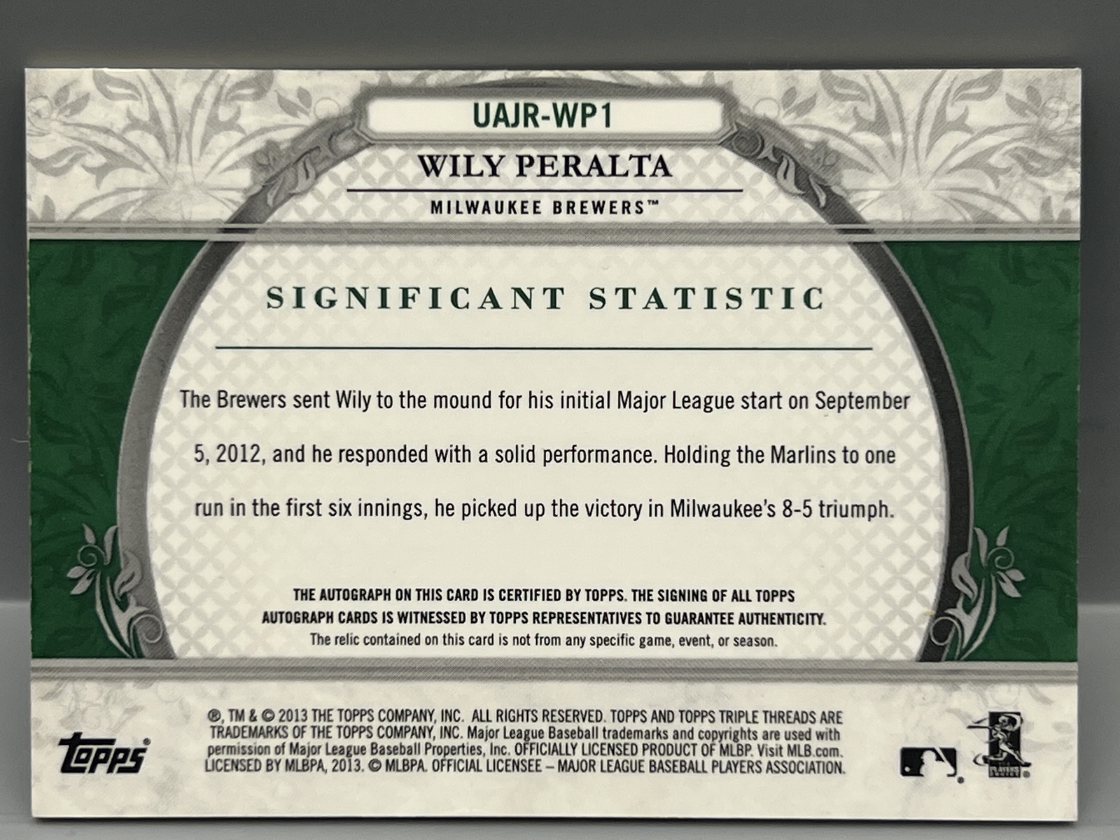 2013 Topps Triple Threads Wily Peralta Emerald Game Used Patch Auto #/50