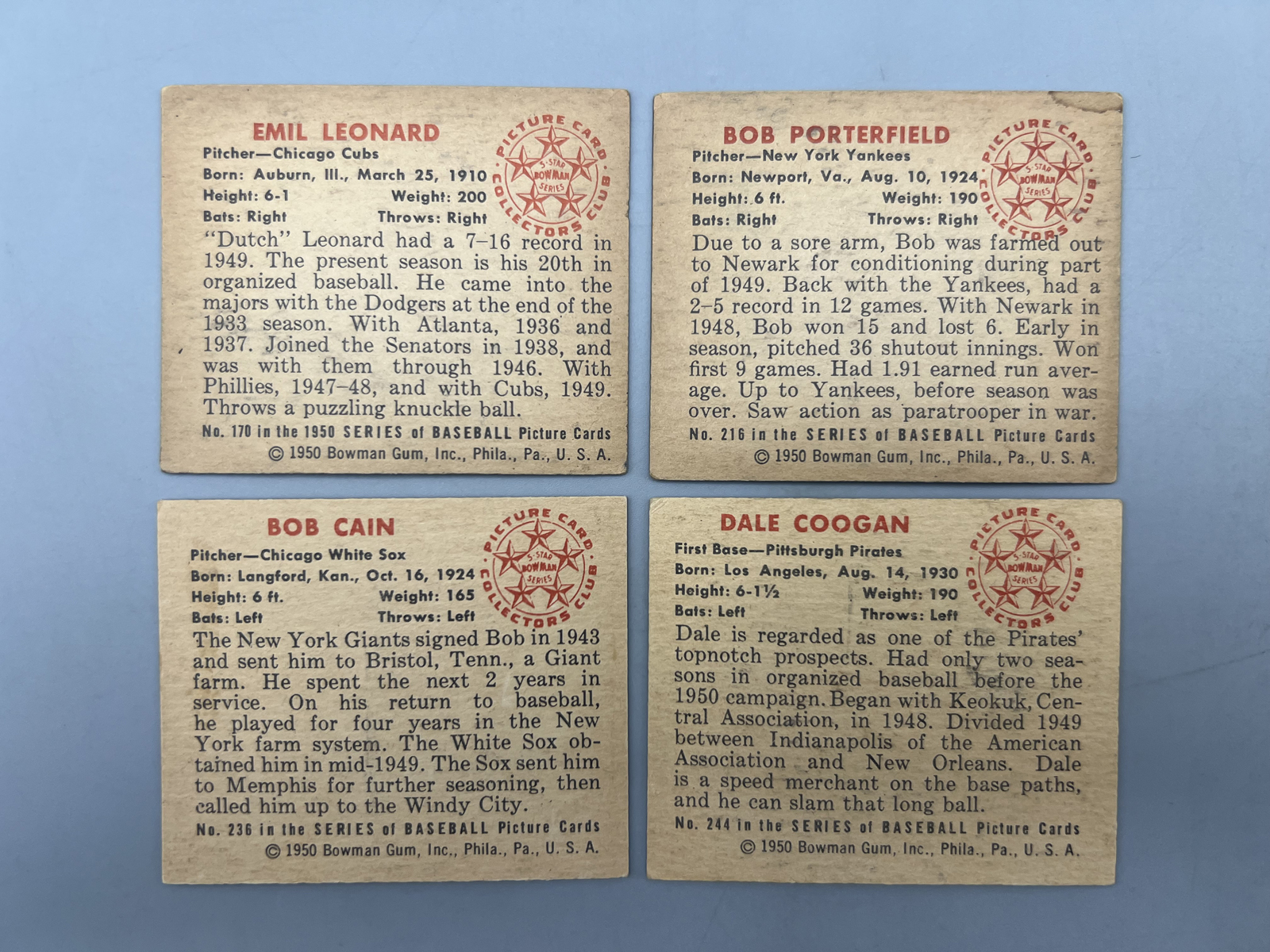 (4) 1950 Bowman Baseball Cards - Varying Conditions